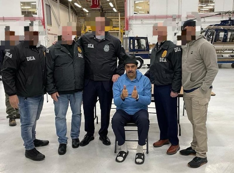 Maduro gave a thumbs-up while sitting down at Stewart Airport in upstate New York, waiting to be flown by helicopter to Manhattan.