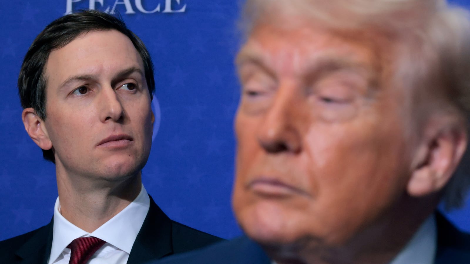 WASHINGTON, DC - FEBRUARY 19: (L-R) Jared Kushner, U.S. President Donald Trump and U.S. Secretary of State Marco Rubio watch presentations during the inaugural meeting of the Board of Peace at the Donald J. Trump Institute of Peace on February 19, 2026 in Washington, DC. Assembled to raise money for the rebuilding and stabilization of Gaza, Trump's Board of Peace was formally established on the sidelines of World Economic Forum in January of 2026. (Photo by Chip Somodevilla/Getty Images)