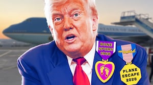 A photo illustration of Donald Trump in front of Air Force One wearing medals for Bone Spurs and the AF1 Plane Escape.