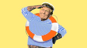 Donald Trump's head on a fat sailor's body with a striped shirt and sailor hat, saluting, and wearing an orange life saver ring around him
