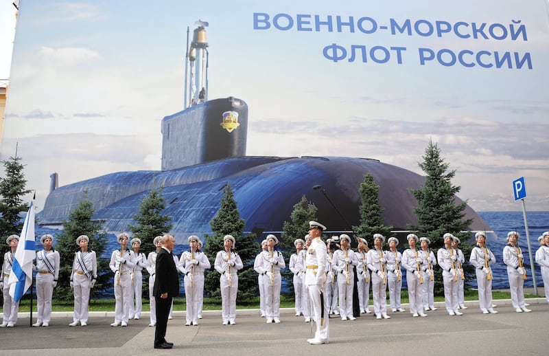 Russian President Vladimir Putin visits the Main Admiralty to meet with commanders on Navy Day in Saint Petersburg, Russia, July 26, 2026.