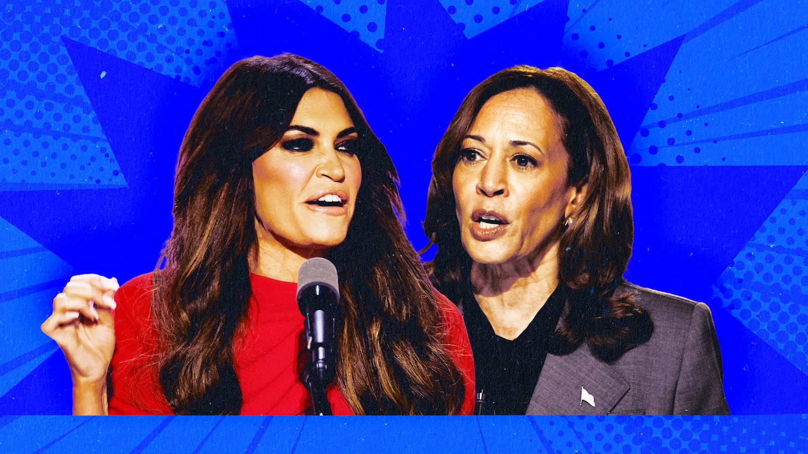 A photo illustration of Kimberly Guilfyole and Kamala Harris.