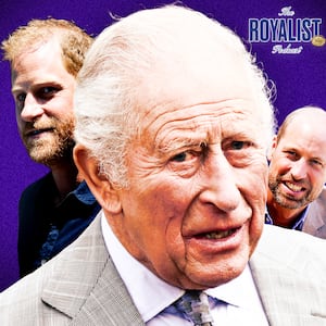 A photo illustration of Prince Harry, King Charles, and Prince William for The Royalist podcast.