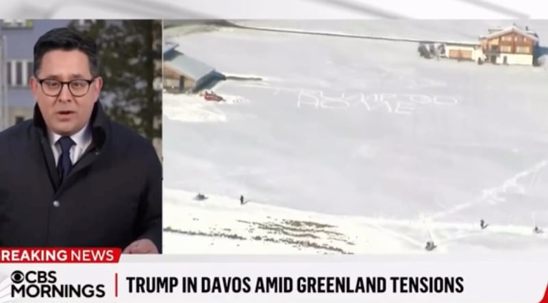 A screenshot of the 'CBS Mornings' report on the "Trump Go Home" sign written out in ICE for Trump's arrival at the World Economic Forum.