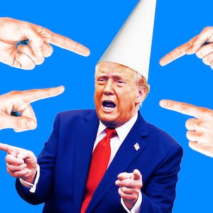 A photo illo illustration of Donald Trump with a dunce cap on and fingers pointing at him.
