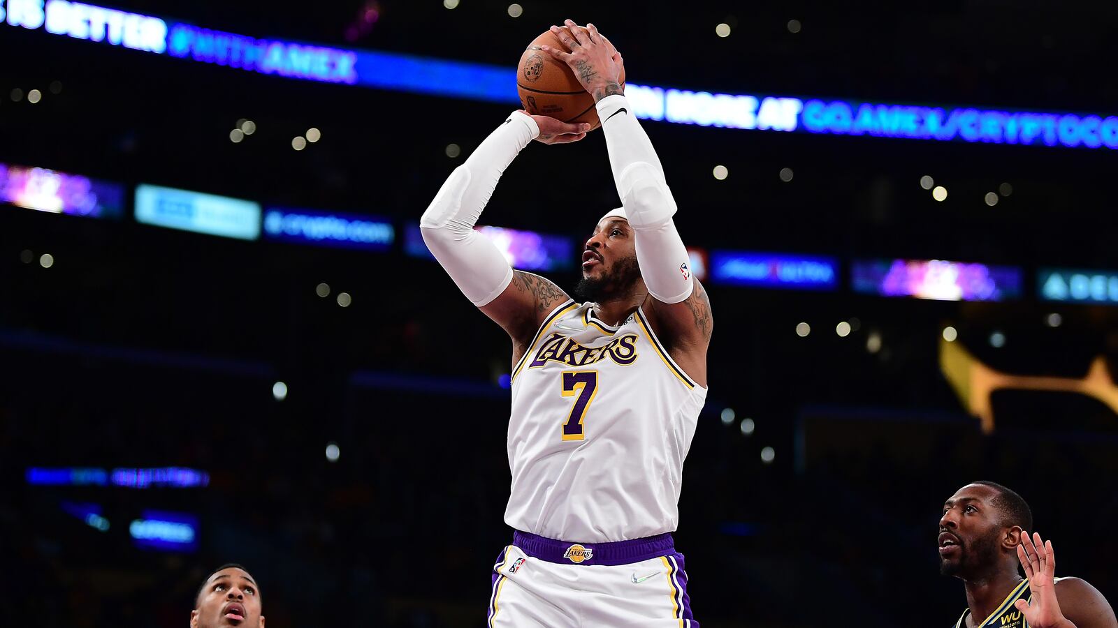 Los Angeles Lakers forward Carmelo Anthony shoots against the Denver Nuggets.