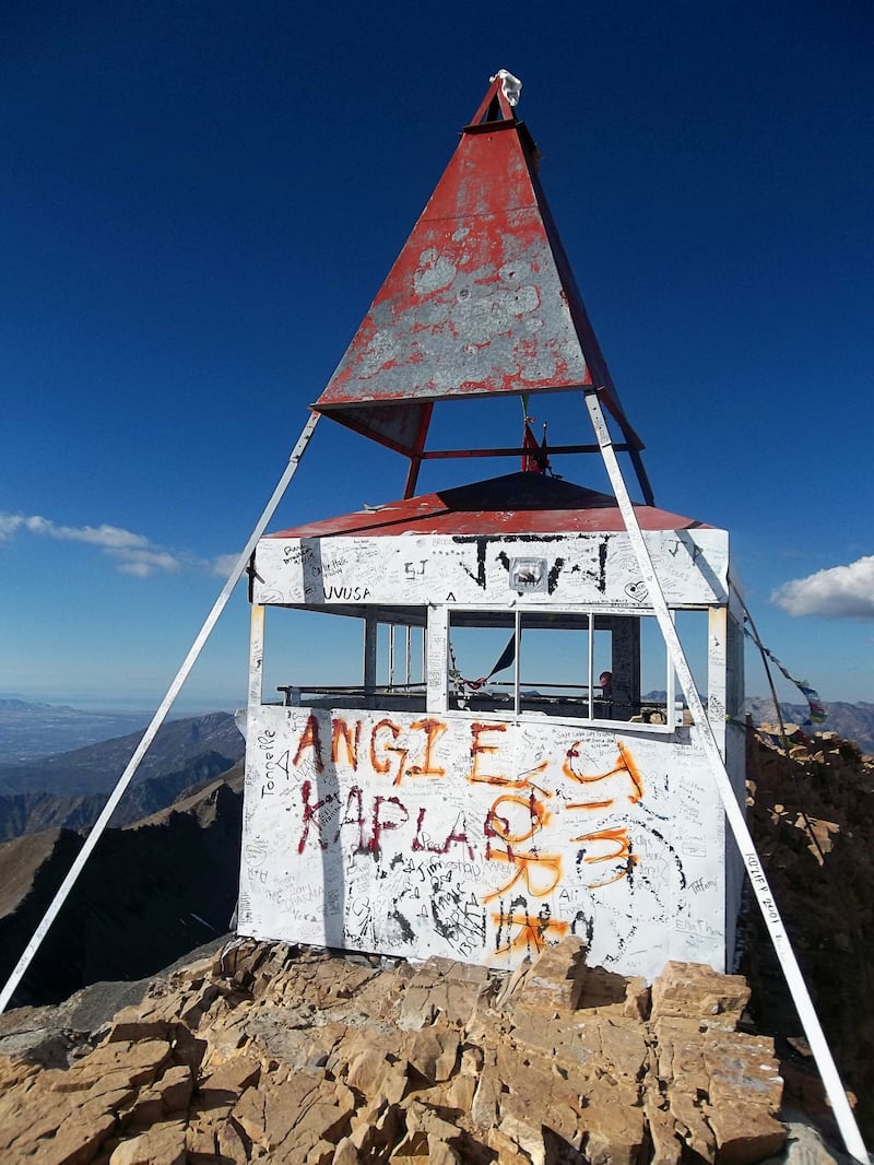 A picture of Mount Timpanogos Summit Shack, taken on 2 October 2014.
