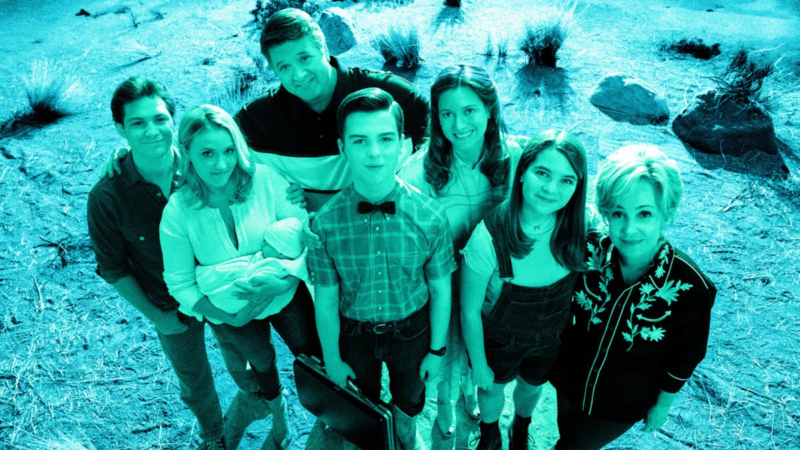 A photo illustration including a photo of the cast of Young Sheldon on CBS