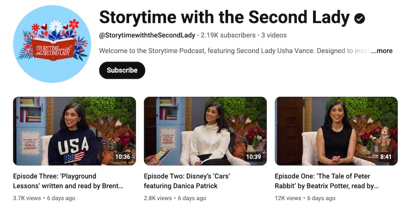 Storytime with the Second Lady. A screenshot of the YouTube home page of the channel