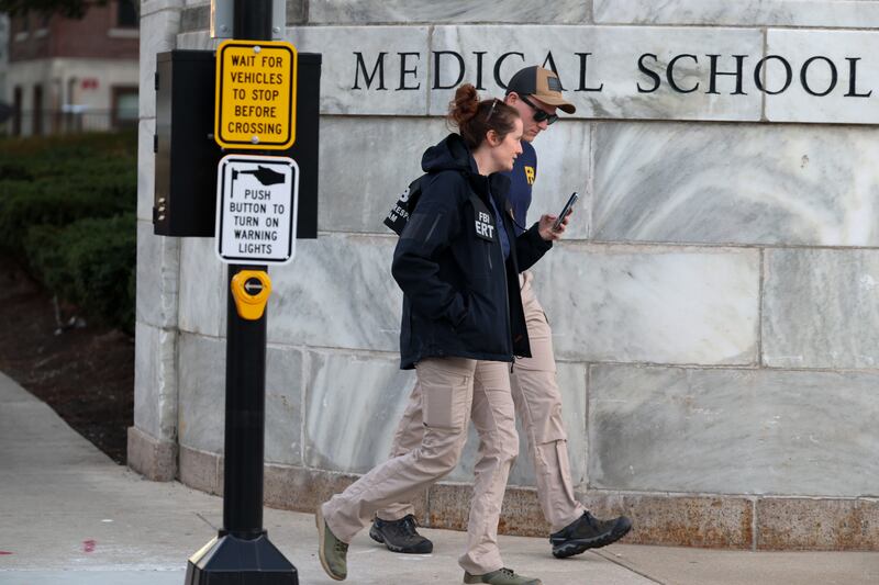 Boston, MA - November 1: FBI agents at Harvard Medical School's Goldenson Building after an overnight explosion on November 1, 2025. (Photo by Jonathan Wiggs/The Boston Globe via Getty Images)