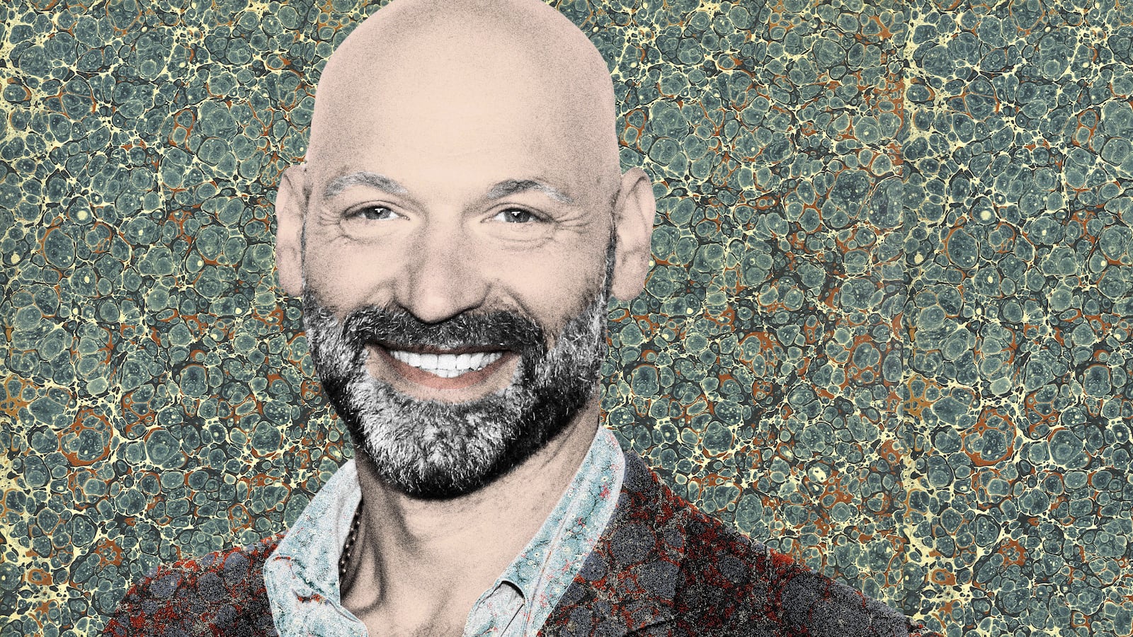 Photo illustration of Corey Stoll on a marble paper background