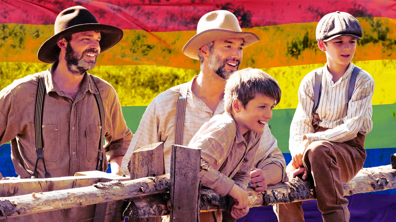 A photo illustration of Jason Hanna and Joe Riggs with their children on 'Back to the Frontier'.