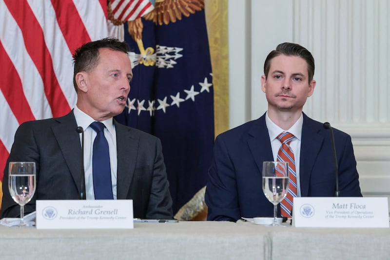 Outgoing President of the Kennedy Center Richard Grenell and Vice President of operation at the Kennedy Center Matt Floca, who is set to become the new President of the Kennedy Center, attend a lunch with the Kennedy Center board members in the East Room of the White House in Washington, D.C., U.S., March 16, 2026.