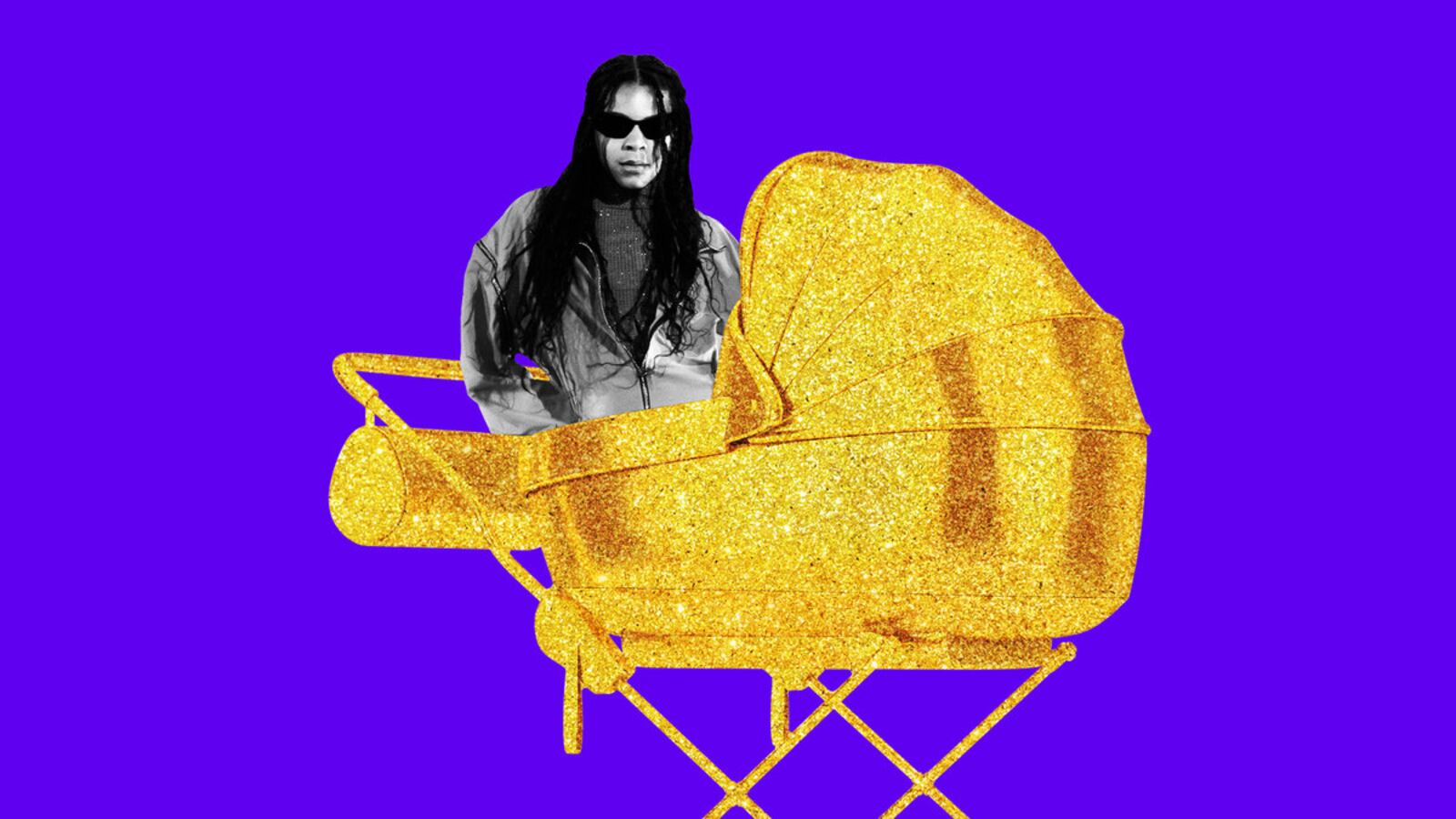 An illustration including Blue Ivy and a Golden Stroller