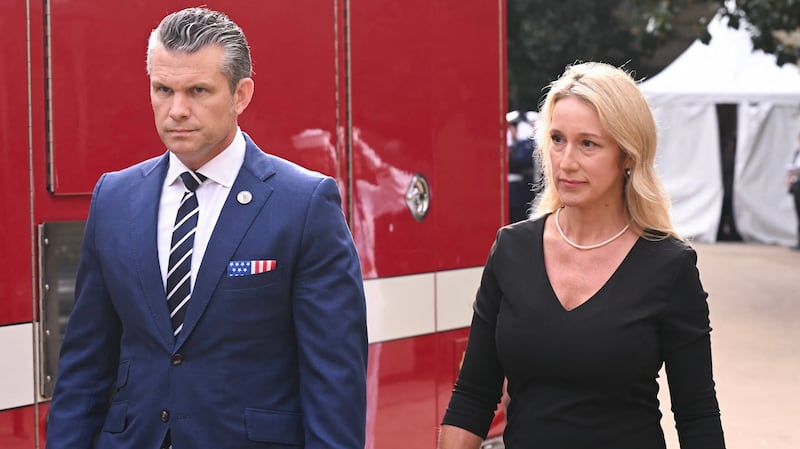 Secretary of Defense Pete Hegseth, his wife, Jennifer Rauchet arrive for a 9/11 observance ceremony at the National 9/11 Pentagon Memorial