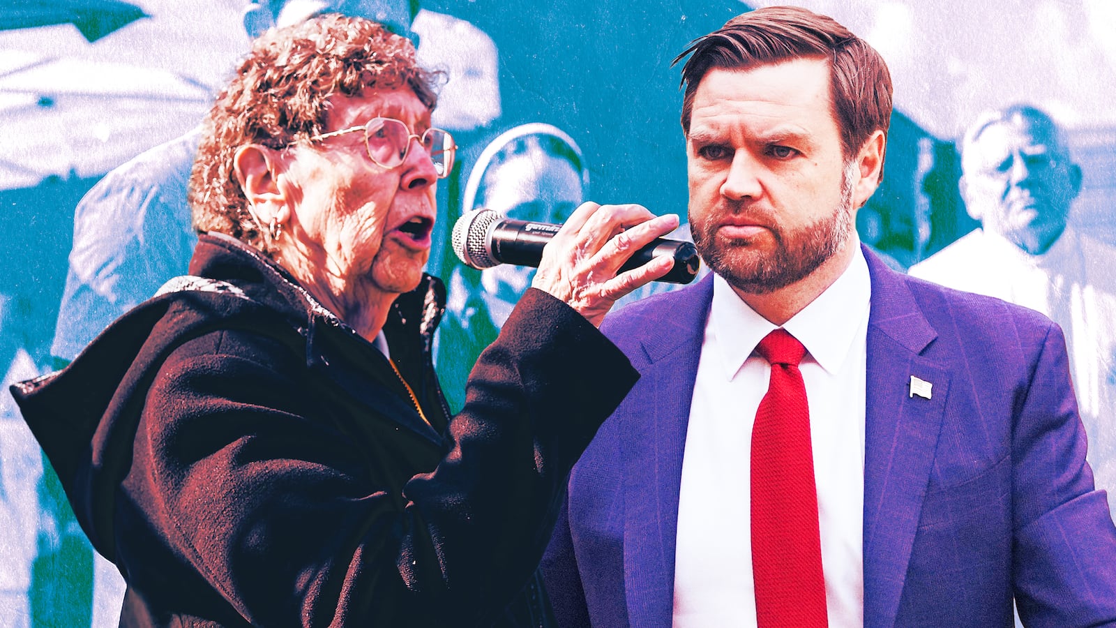 A photo illustration of Sister JoAnn Persch and JD Vance.