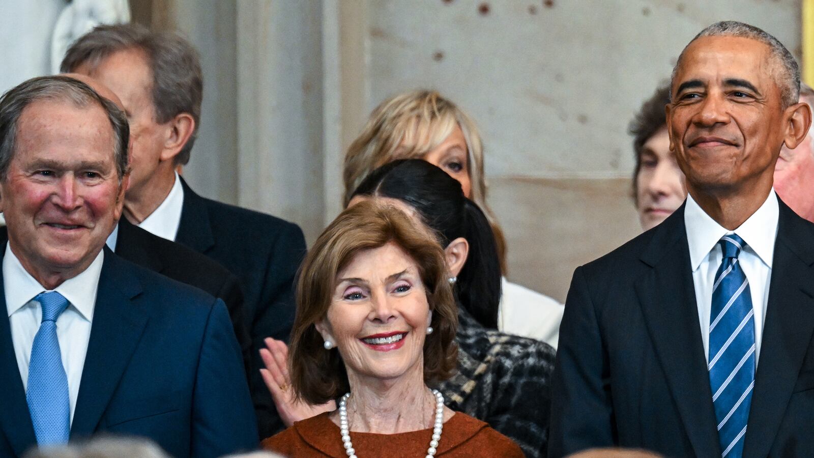 WASHINGTON, DC - JANUARY 20: Former President George W. Bush, Former First Lady Laura Bush and Former President Barack Obama arrive for the inauguration of U.S. President-elect Donald Trump in the U.S. Capitol Rotunda on January 20, 2025 in Washington, DC. Donald Trump takes office for his second term as the 47th President of the United States. (Photo by Kenny Holston-Pool/Getty Images)