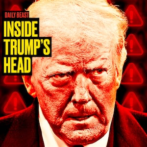 A photo illustration of Donald Trump with red warning signals behind him for the Inside Trump's Head podcast.