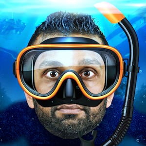 A photo illo illustration of Kash Patel snorkeling underwater at the Pearl Harbor Memorial.