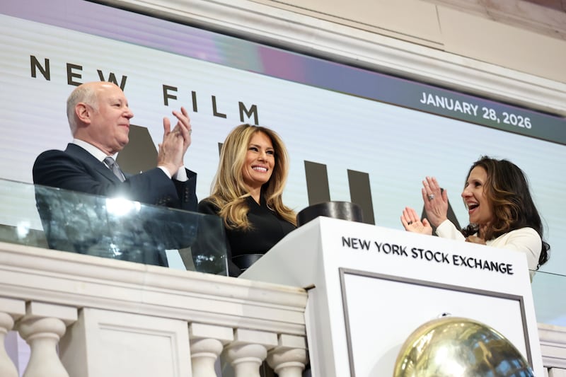 NEW YORK, NEW YORK - JANUARY 28: (L-R) Jeffrey Sprecher, Melania Trump and Lynn Martin are seen as First Lady Melania Trump Rings NYSE Opening Bell To Celebrate Upcoming Film "Melania" at New York Stock Exchange on January 28, 2026 in New York City. (Photo by Jamie McCarthy/Getty Images)