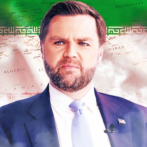 A photo illustration of JD Vance in front of the map and flag of Iran.