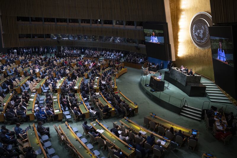 President of the United Nations General Assembly Annalena Baerbock makes a speech during a high-level international conference at United Nations Headquarters focused on resolving the Palestine issue and advancing a two-state solution on September 22, 2025 in New York, United States.