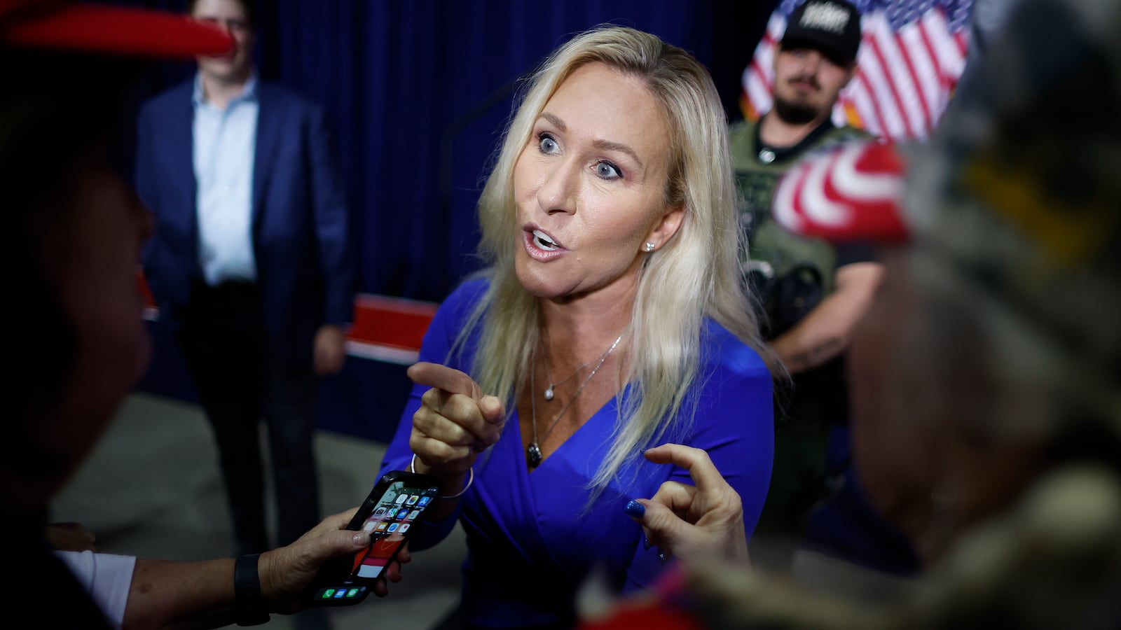 Rep. Marjorie Taylor Greene (R-GA) visits with supporters ahead of a campaign rally with Republican presidential candidate and former U.S. President Donald Trump at the Forum River Center March 09, 2024 in Rome, Georgia.