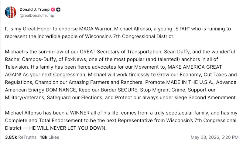 Donald Trump's endorsement of Michael Alfonso.