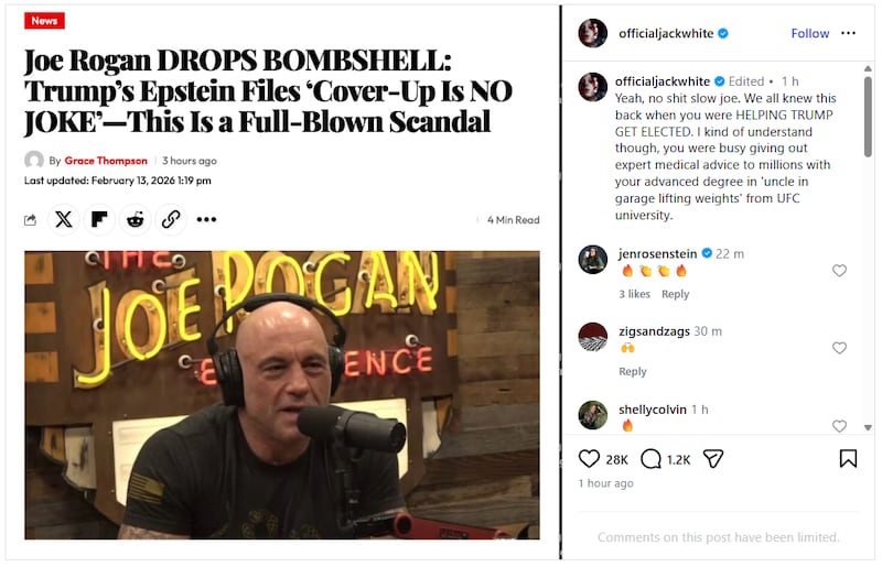 Jack White calls out Joe Rogan on Instagram.