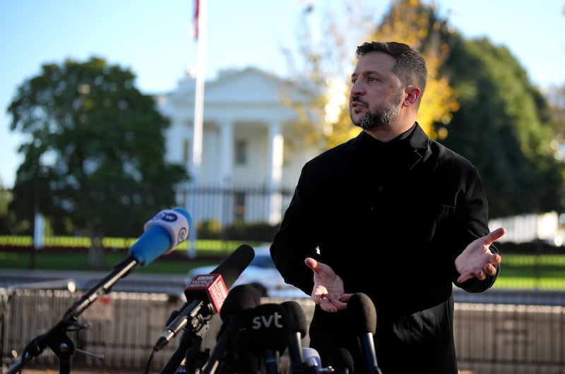 Ukrainian President Volodymyr Zelensky speaks during a news conference in Lafayette Square.