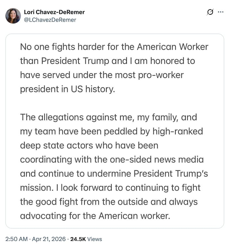 A screenshot of Lori Chavez-DeRemer's X.com post about the deep state.
