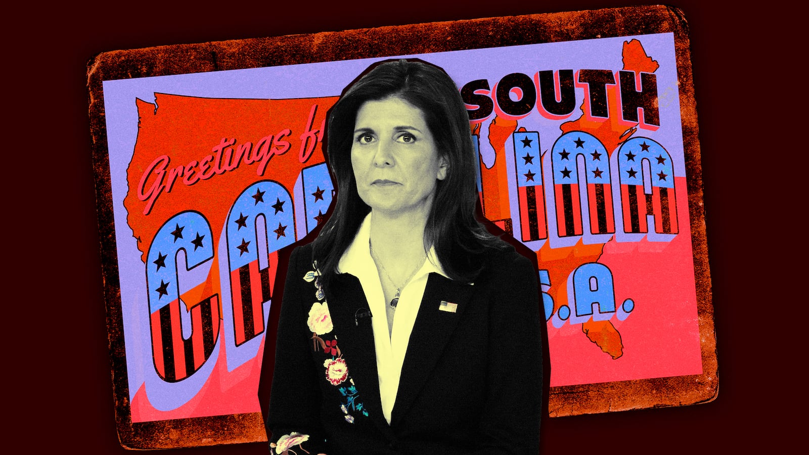 A photo illustration of Nikki Haley and a South Carolina postcard.