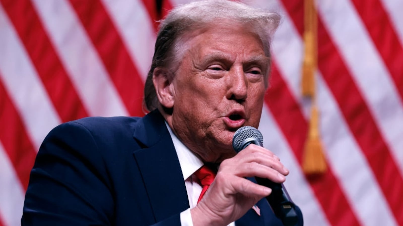 Republican presidential nominee, former President Donald Trump sits down for a conversation with Tucker Carlson during his Live Tour at the Desert Diamond Arena on October 31, 2024 in Phoenix, Arizona. With less than a week until Election Day, Trump is campaigning for re-election in New Mexico and the battleground states of Nevada and Arizona on Thursday.