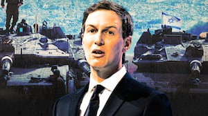 A photo illustration of Jared Kushner, Israeli military tanks, and destruction in Gaza.