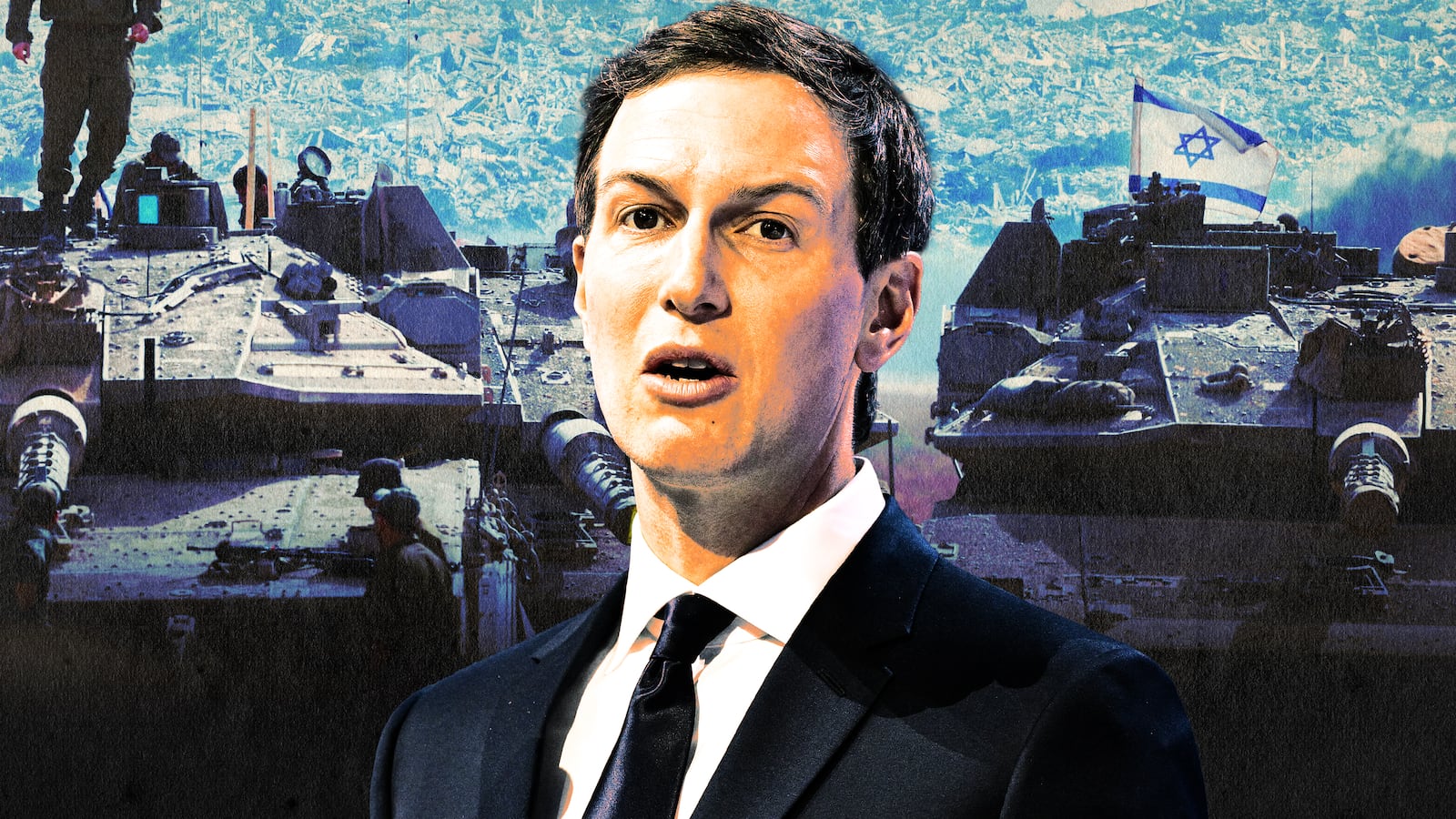 A photo illustration of Jared Kushner, Israeli military tanks, and destruction in Gaza.