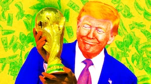 A photo illo illustration of Donald Trump and the FIFA world cup trophy.