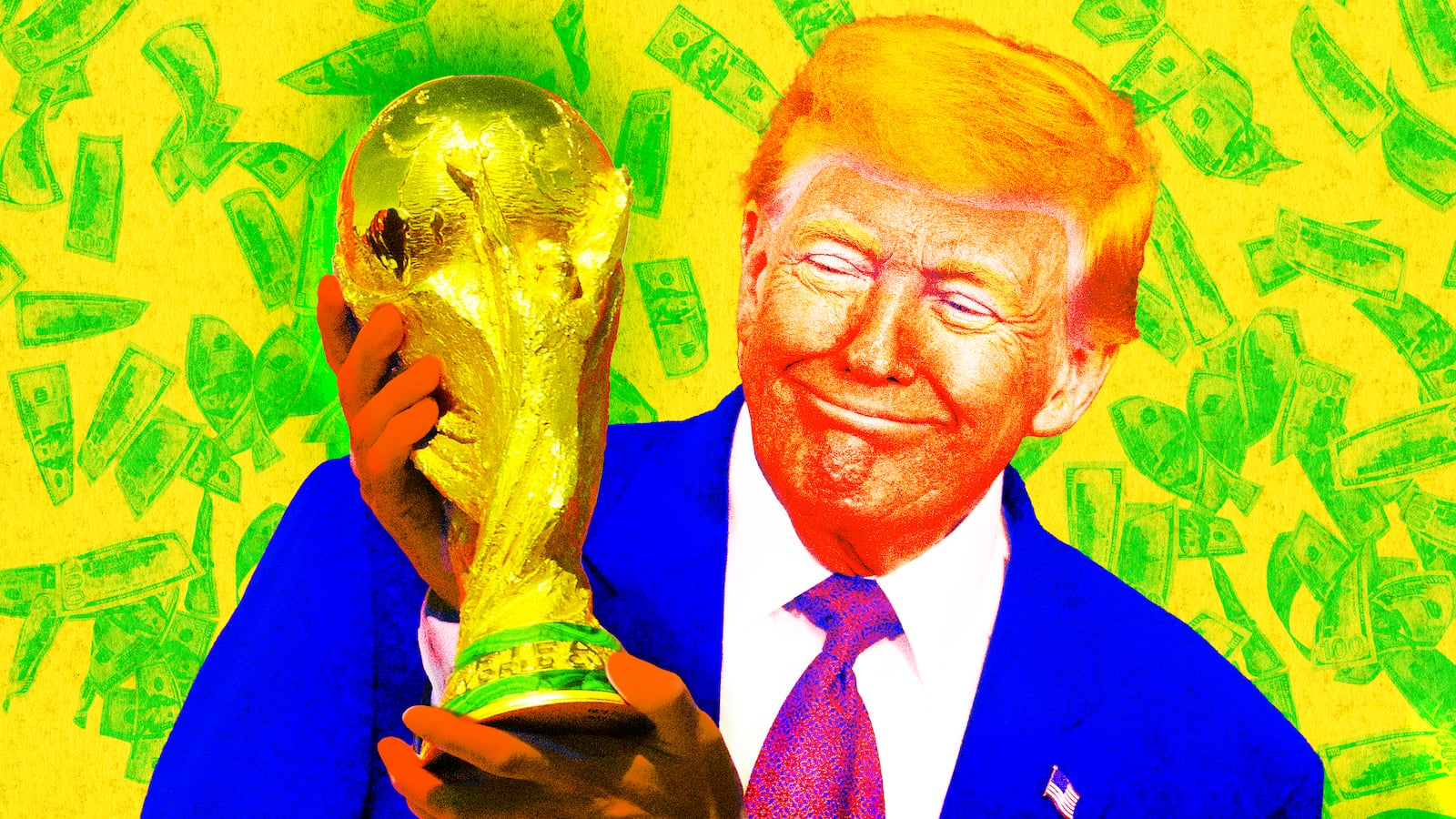 A photo illo illustration of Donald Trump and the FIFA world cup trophy.
