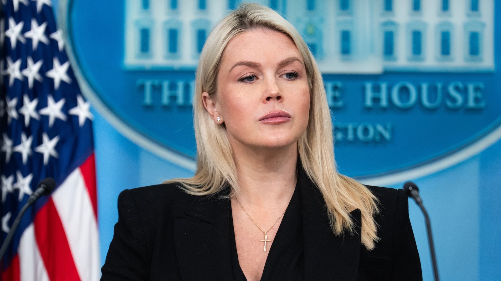 Karoline Leavitt, White House press secretary, holds a briefing on April 27, 2026, addressing the White House Correspondents' Association shooting and other issues.