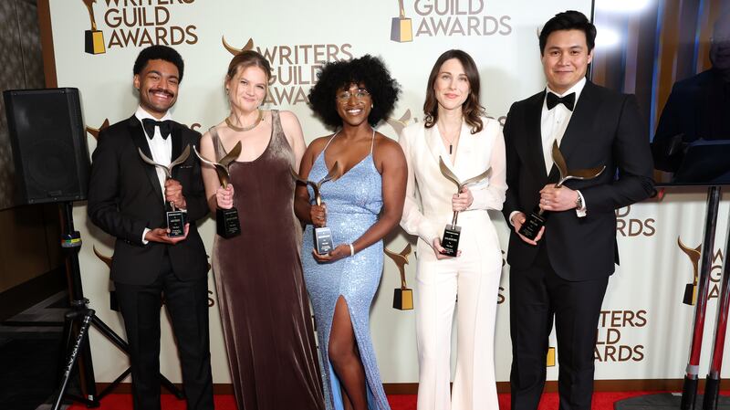 LOS ANGELES, CALIFORNIA - MARCH 05: (L-R) Alex O’Keefe, Catherine Schetina, Karen Joseph Adcock, Sofya Levitsky-Weitz, and Rene Gube pose in the press room during the 2023 Writers Guild Awards West Coast Ceremony at Fairmont Century Plaza on March 05, 2023 in Los Angeles, California.