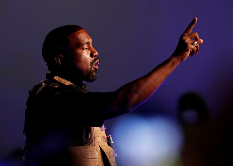 Rapper Kanye West makes a point as he holds his first rally in support of his presidential bid in North Charleston, South Carolina, U.S. July 19, 2020