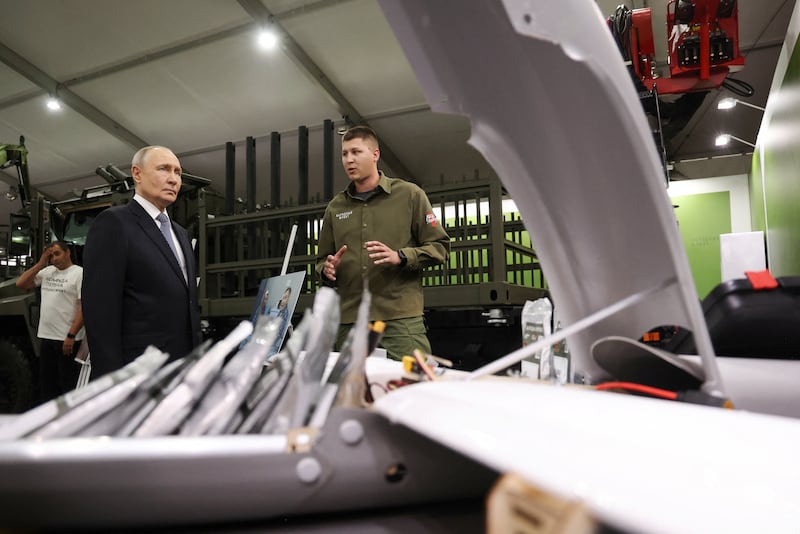 Russian President Vladimir Putin tours the exhibition "Everything for Victory" organised by People's Front, in Moscow, Russia, July 13, 2026.