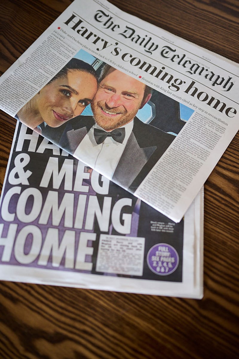 LONDON, ENGLAND - AUGUST 20: In this photo illustration, British Newspapers reports that the Duke and Duchess of Sussex will move to the UK on August 20, 2026 in London, England. It has been reported that Prince Harry, Duke of Sussex and Meghan, Duchess of Sussex will move back to the United Kingdom with their two children at the end of the month. (Photo by Jordan Peck/Getty Images)