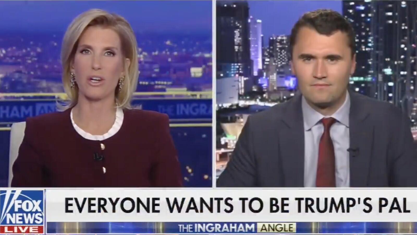 Laura Ingraham's introduction to Charlie Kirk was interrupted by an off mic remark.