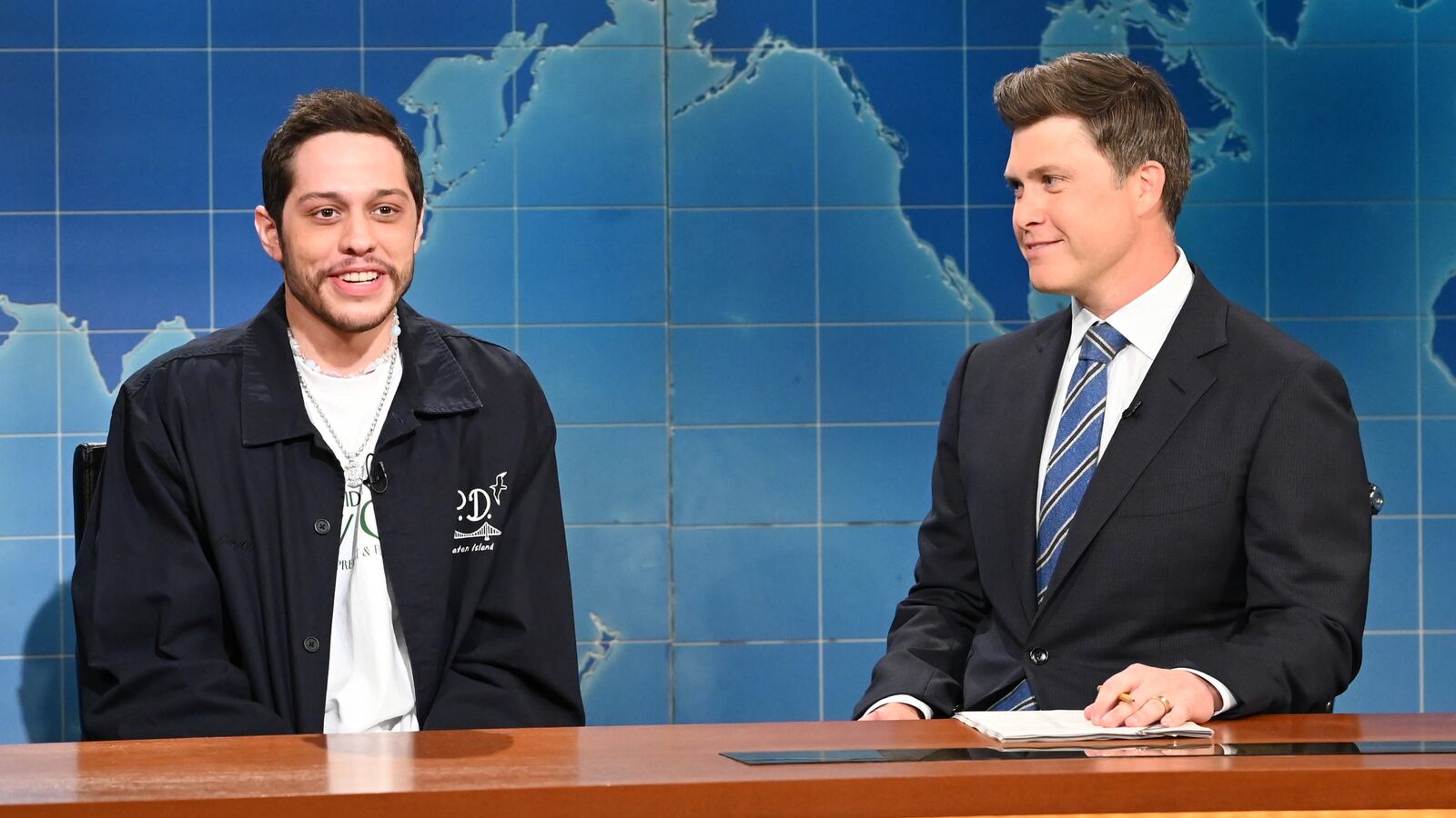 Pete Davidson and anchor Colin Jost during Weekend Update in 2022.