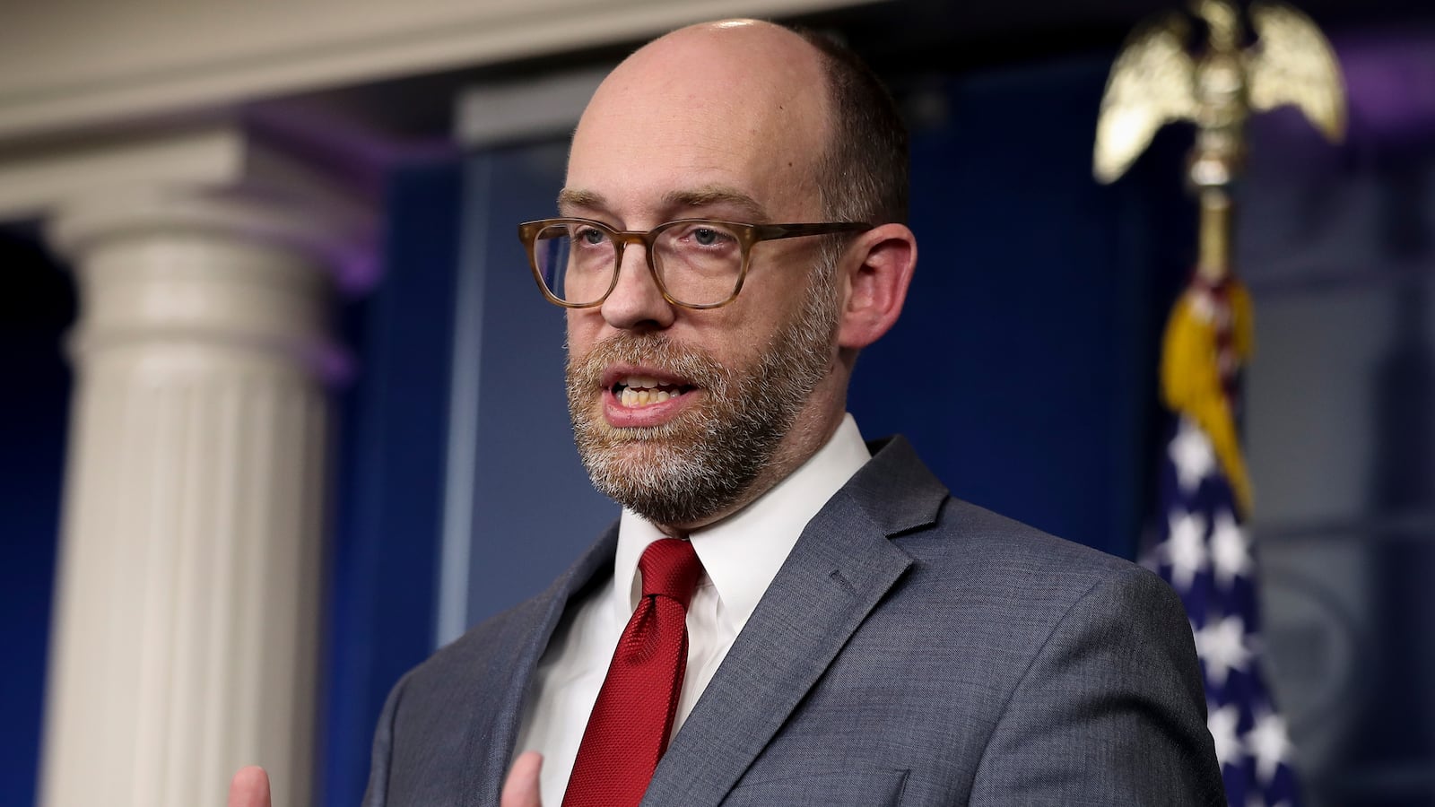 WASHINGTON, DC - March 11: Office of Management and Budget Acting Director Russell Vought, speaks during a press briefing in the Brady Press Briefing Room of the White House, on March 11, 2019, in Washington, DC.
(Photo by Oliver Contreras/For The Washington Post via Getty Images)