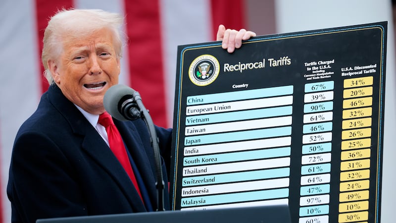 WASHINGTON, DC - APRIL 02: U.S. President Donald Trump holds up a chart while speaking during a “Make America Wealthy Again” trade announcement event in the Rose Garden at the White House on April 2, 2025 in Washington, DC. Touting the event as “Liberation Day”, Trump is expected to announce additional tariffs targeting goods imported to the U.S. (Photo by Chip Somodevilla/Getty Images)