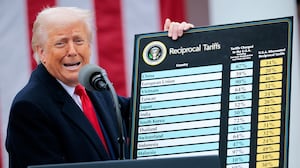 WASHINGTON, DC - APRIL 02: U.S. President Donald Trump holds up a chart while speaking during a “Make America Wealthy Again” trade announcement event in the Rose Garden at the White House on April 2, 2025 in Washington, DC. Touting the event as “Liberation Day”, Trump is expected to announce additional tariffs targeting goods imported to the U.S. (Photo by Chip Somodevilla/Getty Images)