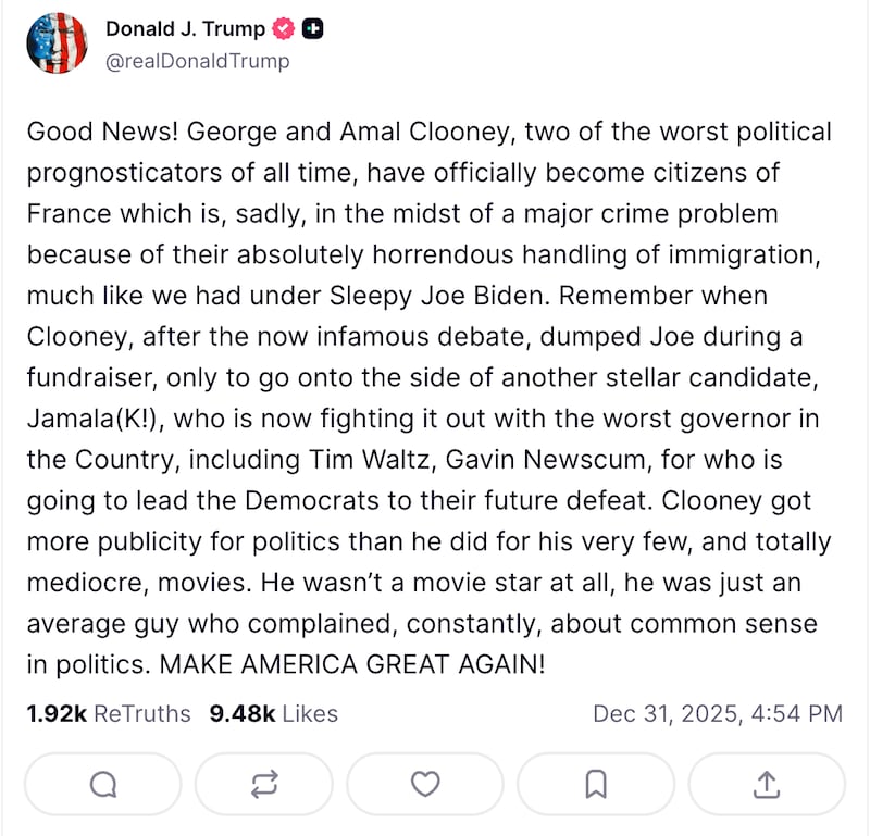 The Clooneys were among the subjects of President Donald Trump’s many rage posts on New Year’s Eve.