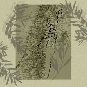 A photo illustration showing olive branches and a map of Palestine and Israel.
