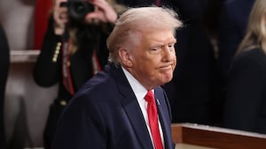 WASHINGTON, DC - FEBRUARY 24: U.S. President Donald Trump concludes his State of the Union address during a Joint Session of Congress at the U.S. Capitol on February 24, 2026, in Washington, DC. Trump delivered his address days after the Supreme Court struck down the administration's tariff strategy and amid a U.S. military buildup in the Persian Gulf threatening Iran. (Photo by Win McNamee/Getty Images)